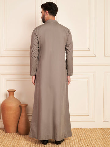 Men’s Grey Thobe in Cotton Fabric with Piping