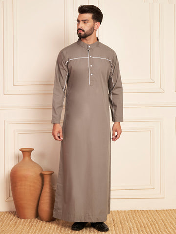 Men’s Grey Thobe in Cotton Fabric with Piping