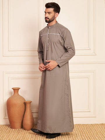 Men’s Grey Thobe in Cotton Fabric with Piping
