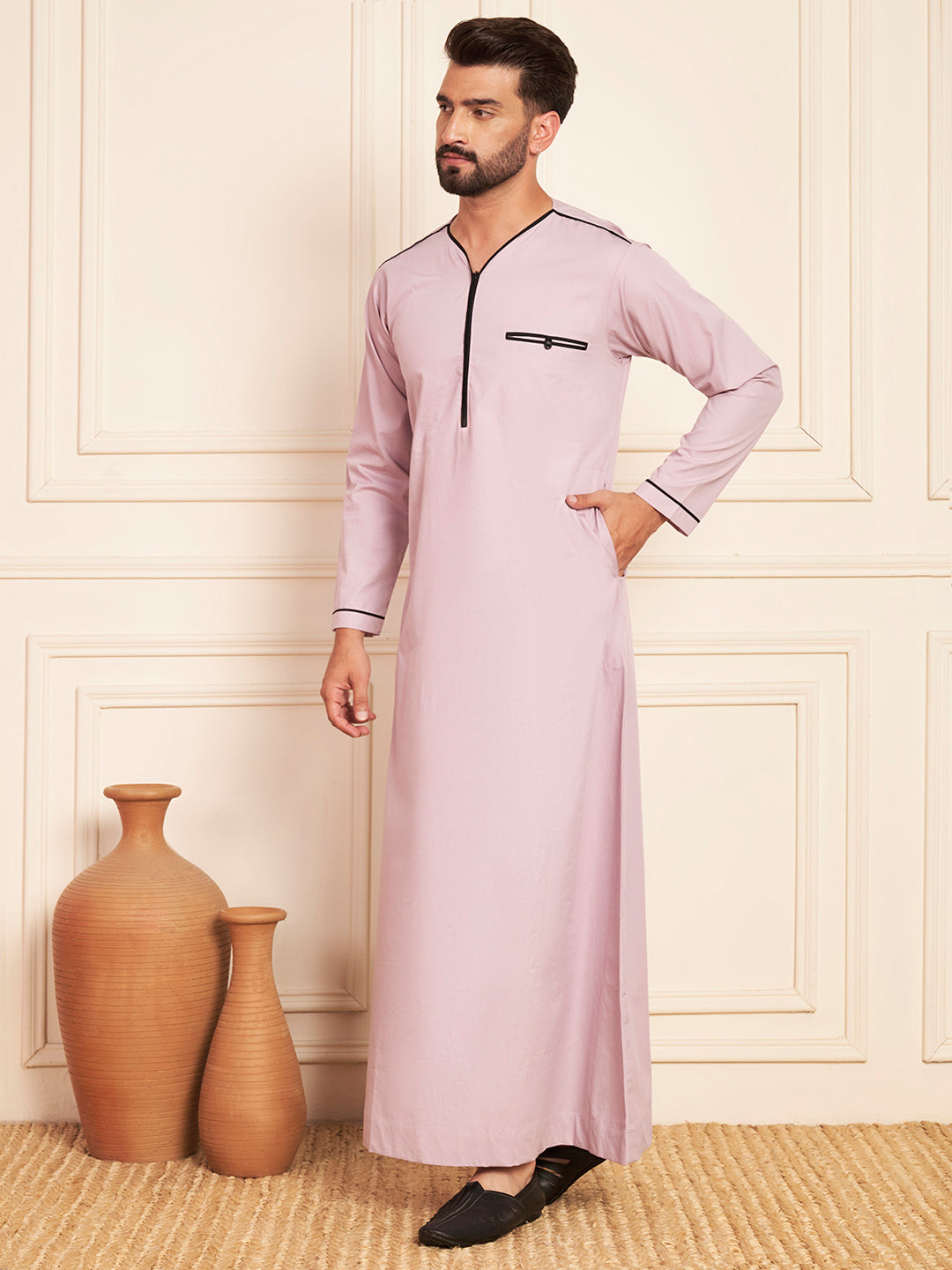 Men’s Lavender Cotton Thobe with Black Piping