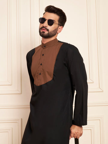 Men's Black & Brown Cotton Thobe