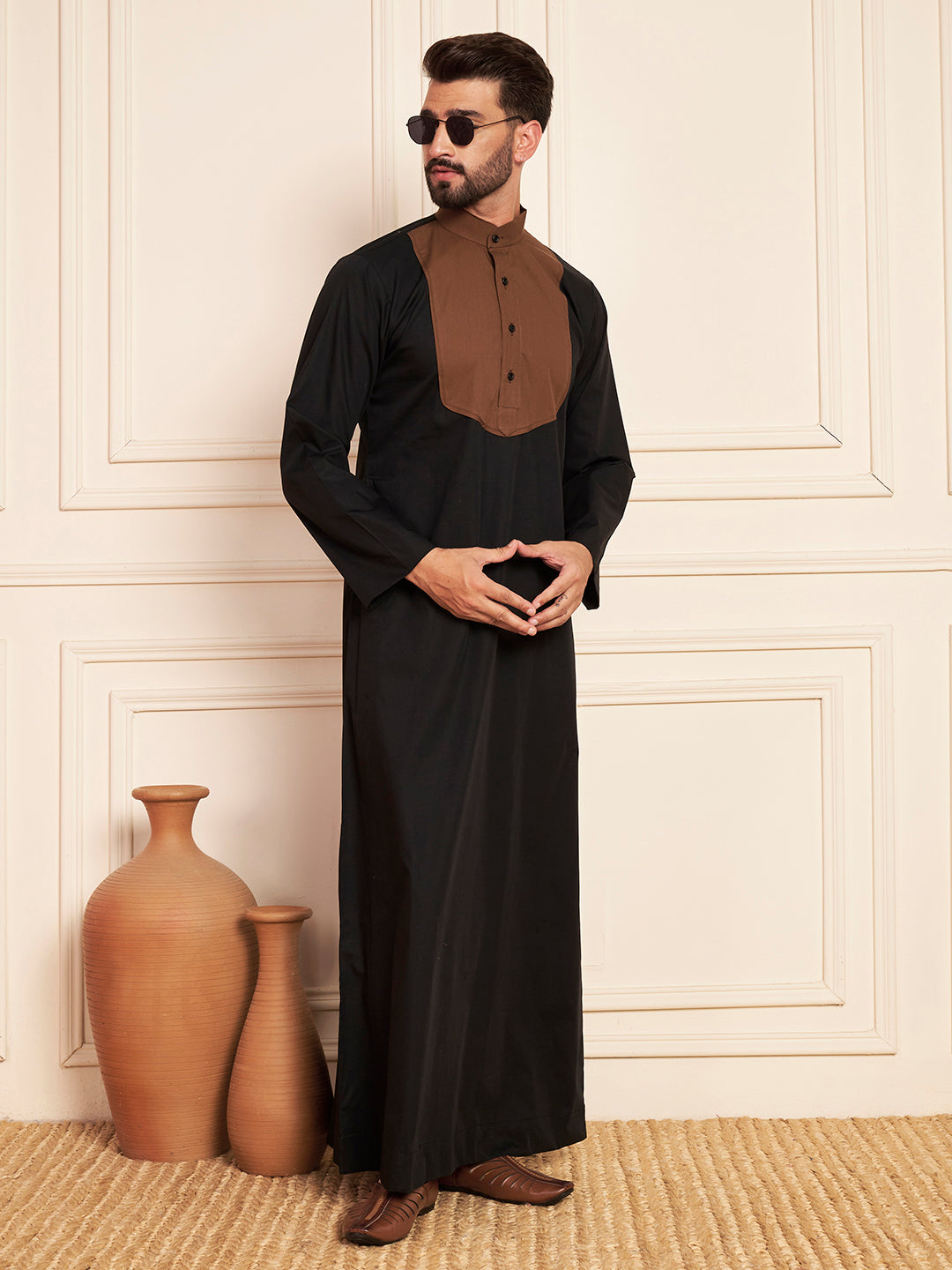 Men's Black & Brown Cotton Thobe