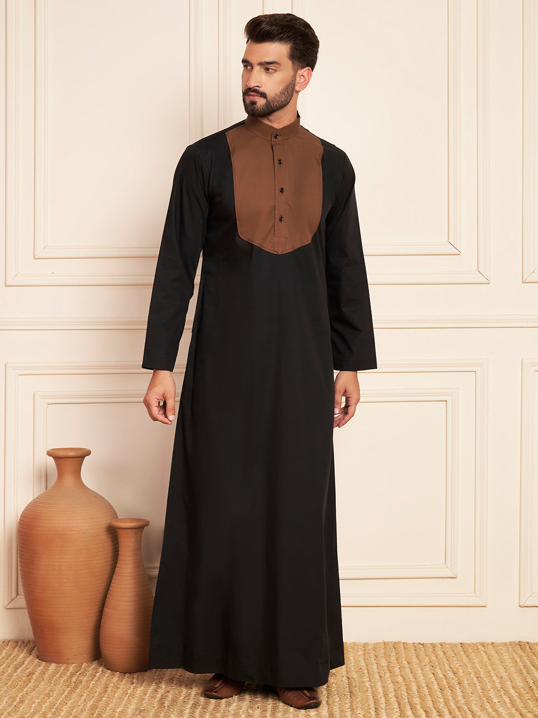 Men's Black & Brown Cotton Thobe