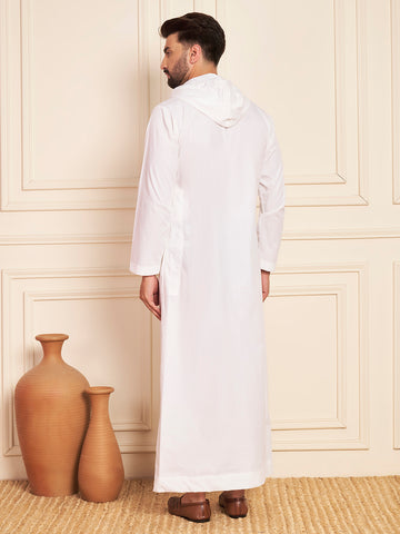 Men's White Thobe with Stylish Contrast Hood