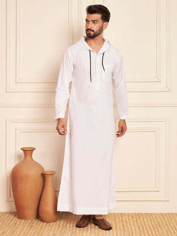 Men's White Thobe with Stylish Contrast Hood