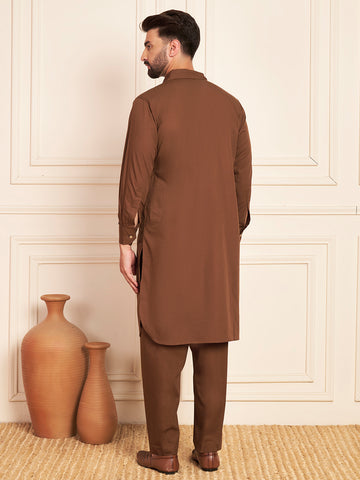 Nabia Solid Brown Pathani Kurta Pajama