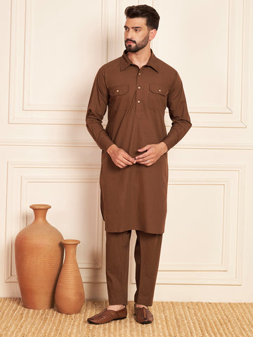 Nabia Solid Brown Pathani Kurta Pajama