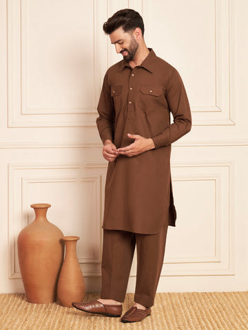 Nabia Solid Brown Pathani Kurta Pajama