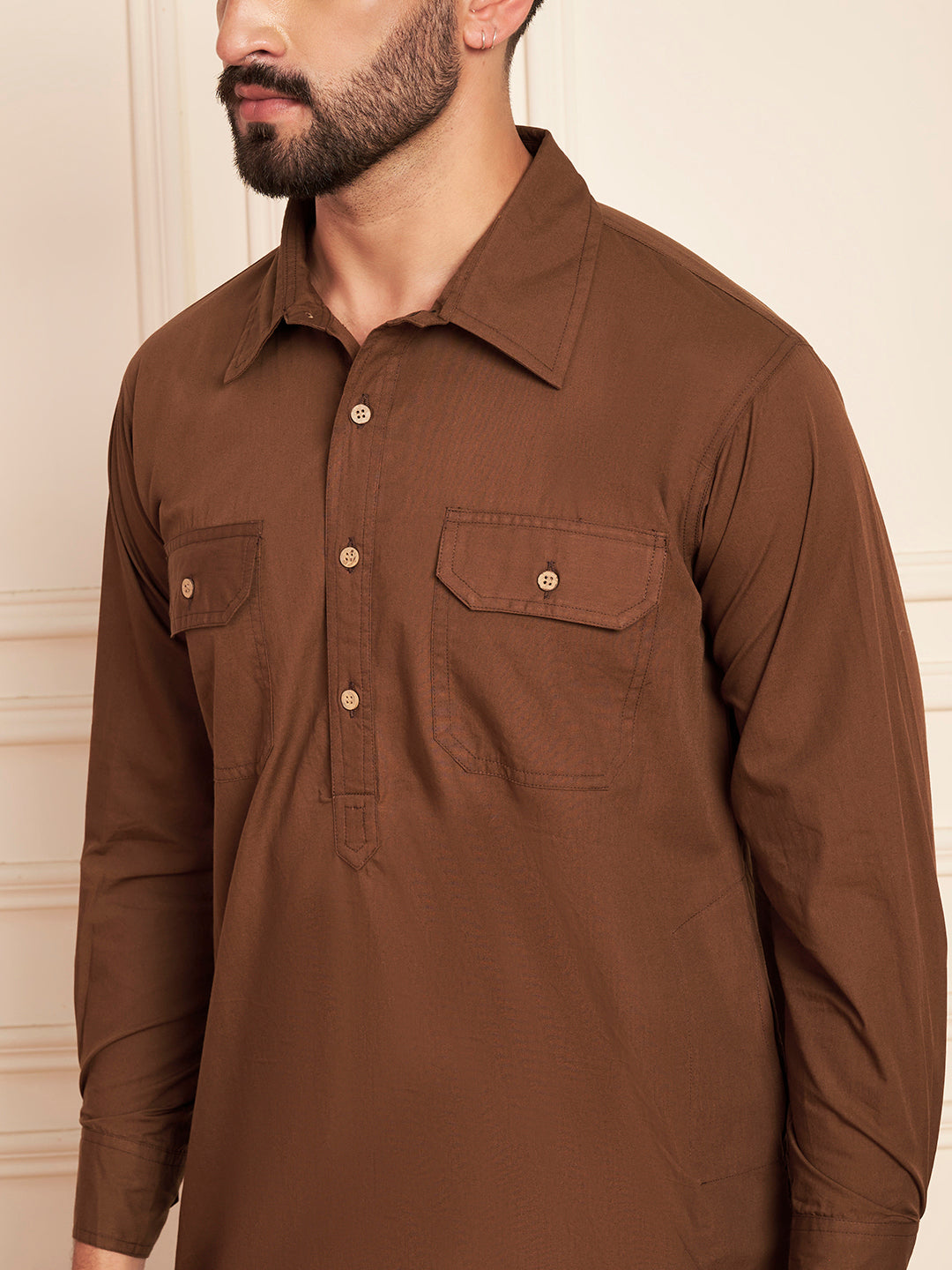 Nabia Solid Brown Pathani Kurta Pajama