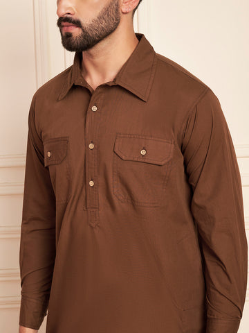 Nabia Solid Brown Pathani Kurta Pajama