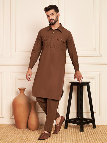 Nabia Solid Brown Pathani Kurta Pajama