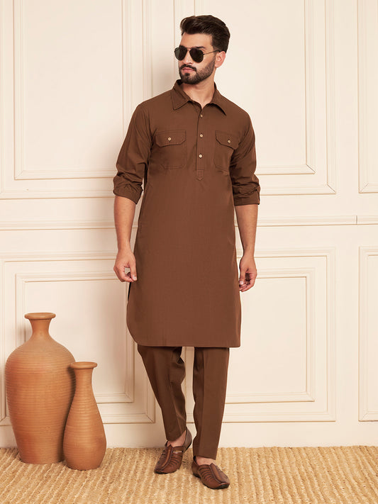 Nabia Solid Brown Pathani Kurta Pajama
