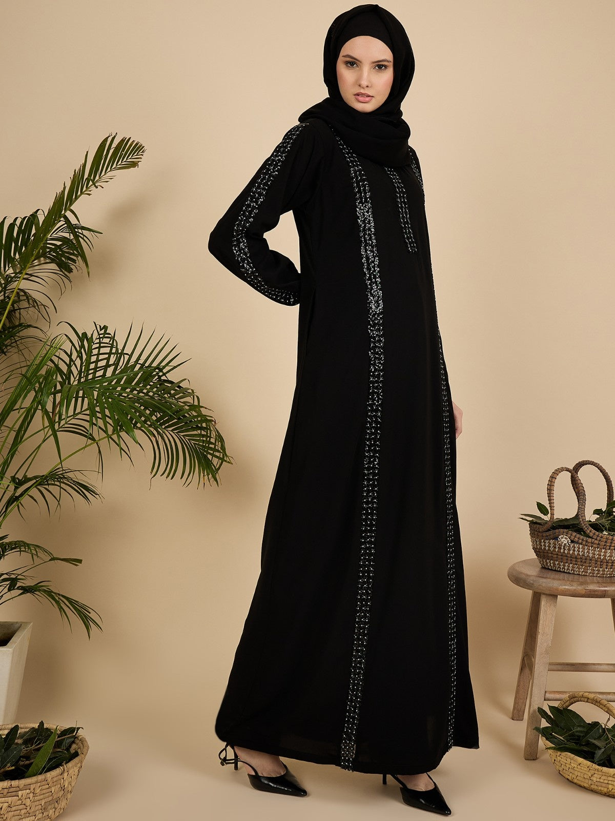 Black Solid Modest Luxury Abaya Burqa with Black Hijab