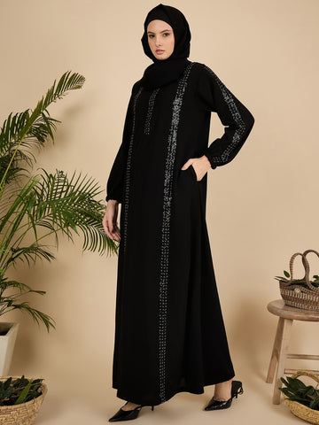 Black Solid Modest Luxury Abaya Burqa with Black Hijab