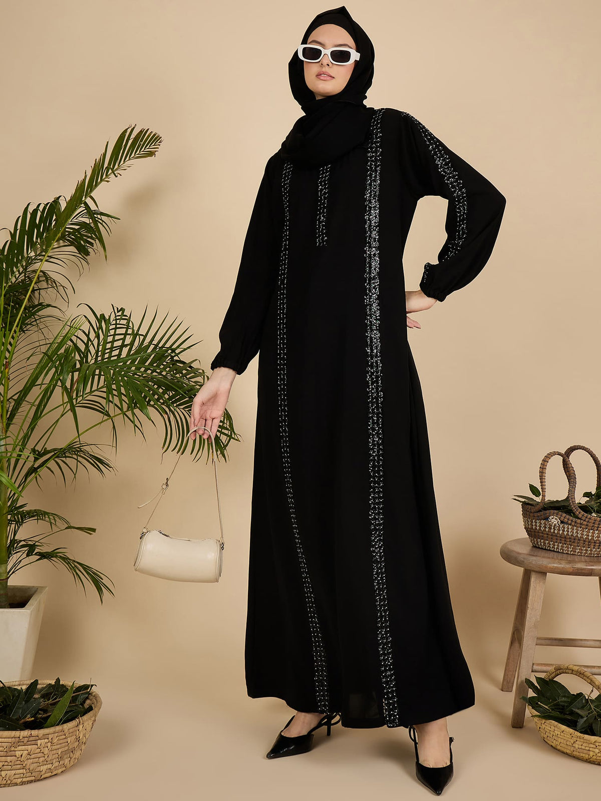 Black Solid Modest Luxury Abaya Burqa with Black Hijab
