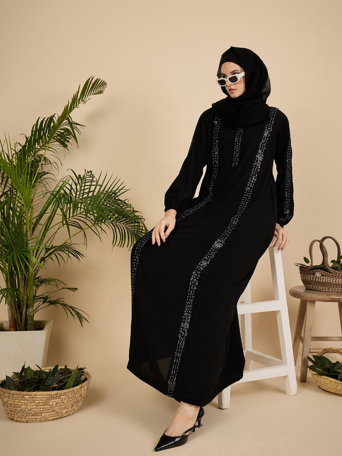 Black Solid Modest Luxury Abaya Burqa with Black Hijab