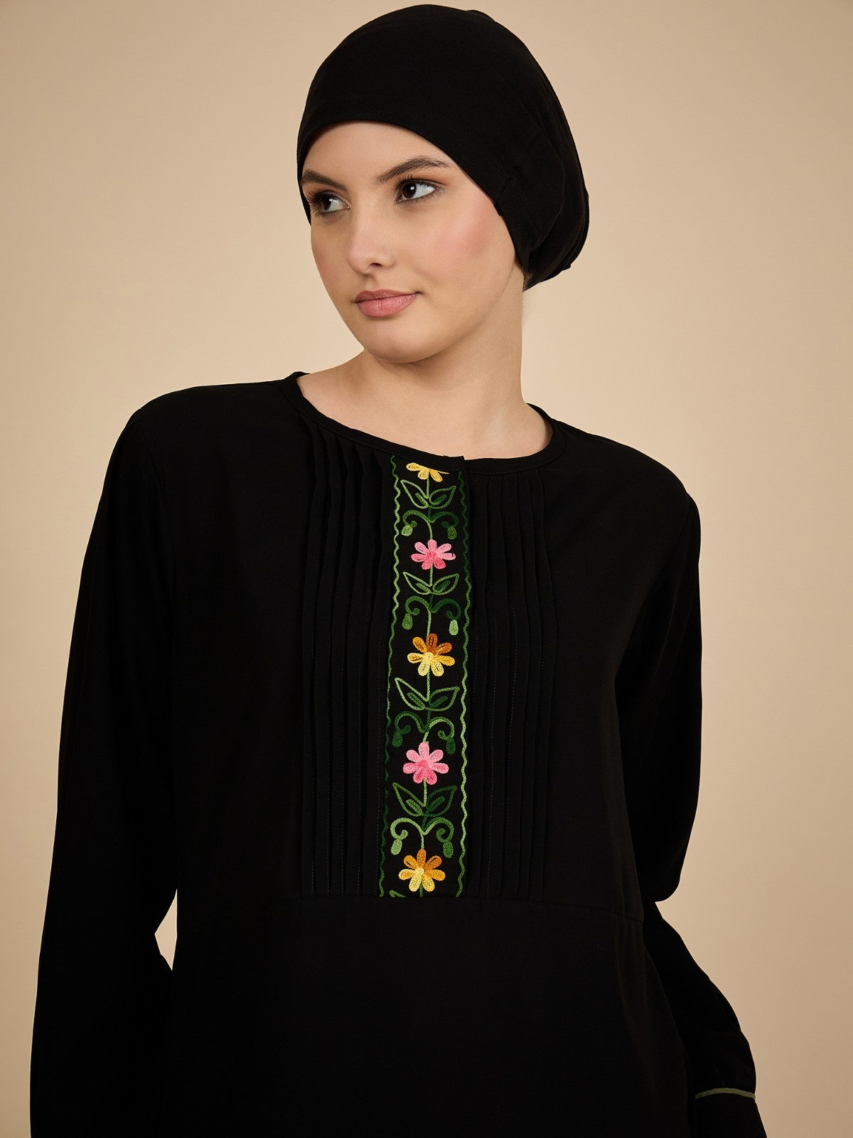 Black Embroidered Pleated Modest Abaya with Matching Hijab