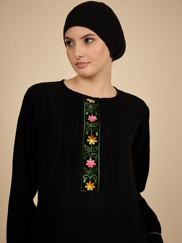 Black Embroidered Pleated Modest Abaya with Matching Hijab