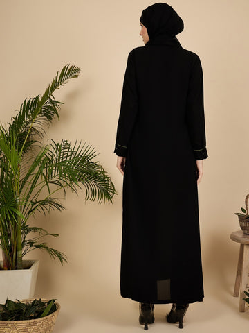 Black Embroidered Pleated Modest Abaya with Matching Hijab