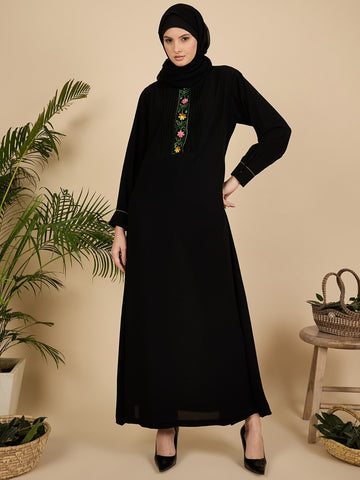 Black Embroidered Pleated Modest Abaya with Matching Hijab