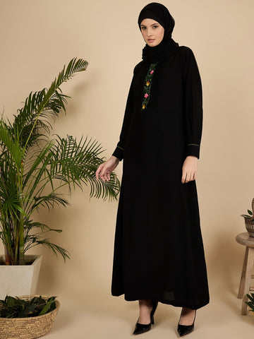 Black Embroidered Pleated Modest Abaya with Matching Hijab