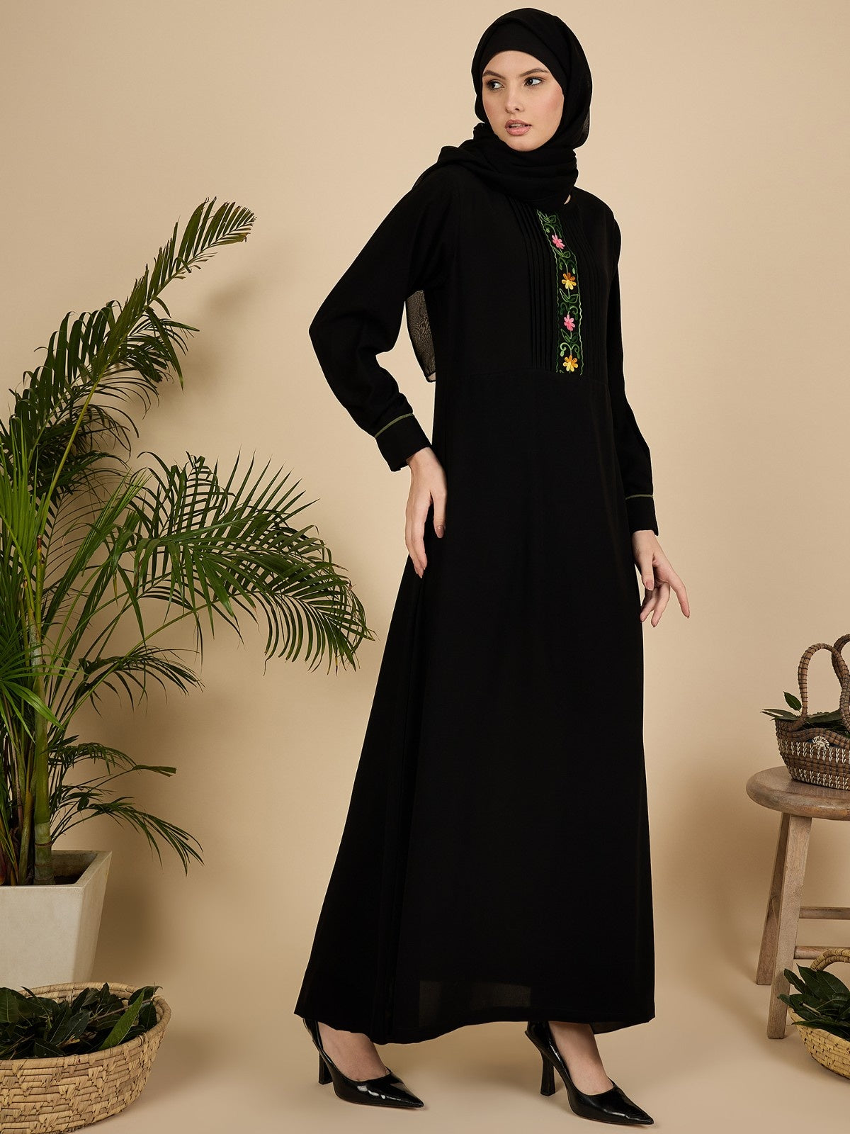 Black Embroidered Pleated Modest Abaya with Matching Hijab