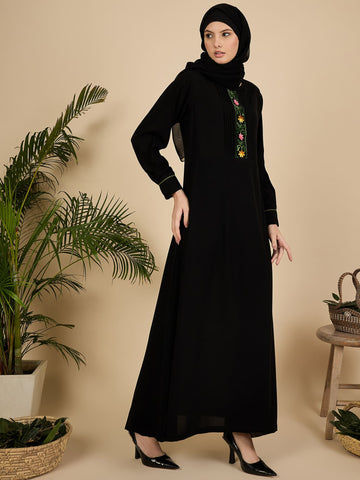 Black Embroidered Pleated Modest Abaya with Matching Hijab