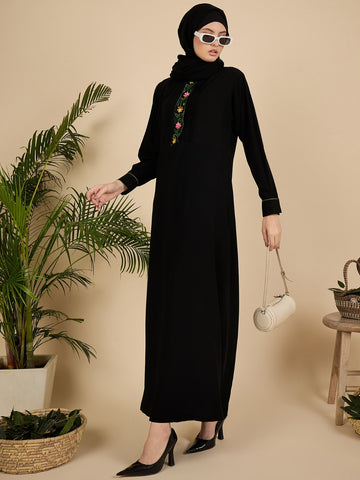 Black Embroidered Pleated Modest Abaya with Matching Hijab