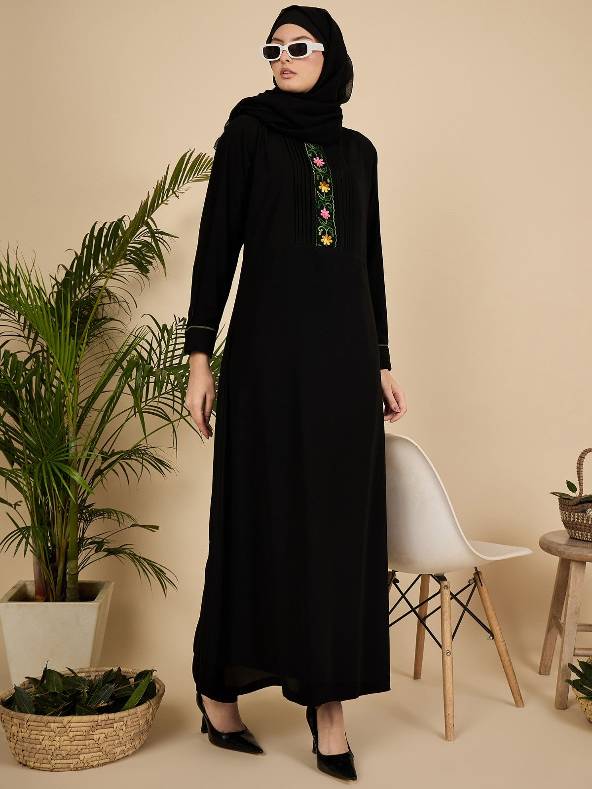 Black Embroidered Pleated Modest Abaya with Matching Hijab