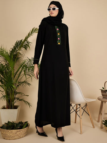 Black Embroidered Pleated Modest Abaya with Matching Hijab