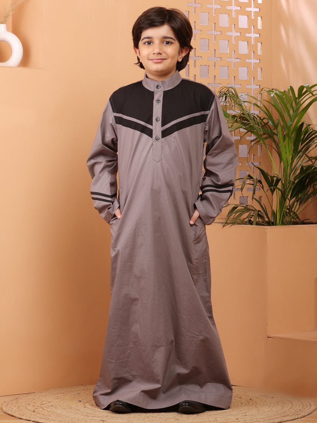 Nabia Grey and Black Thobe/Jubba For Kids Boys