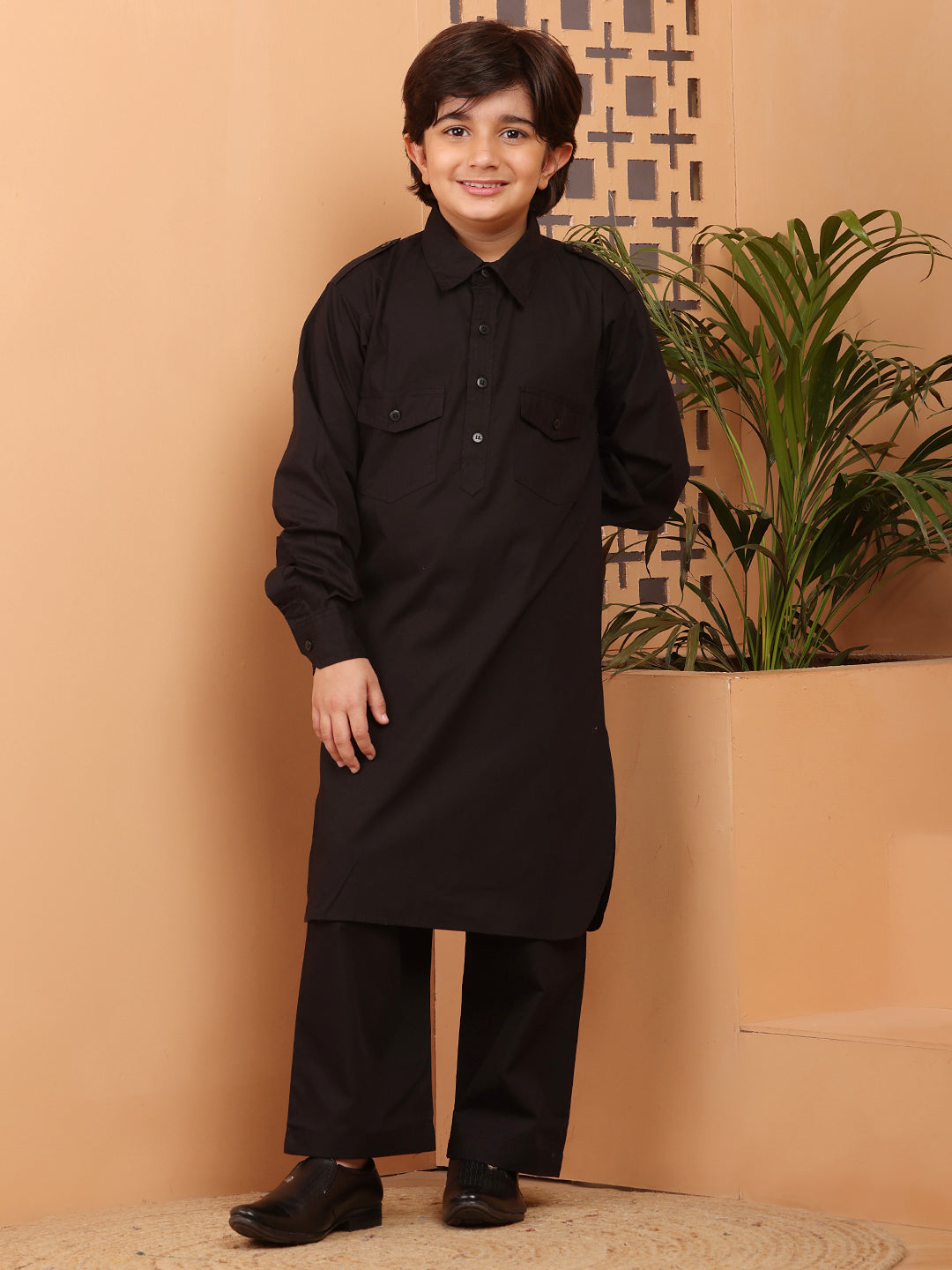 Nabia Black Kids Boys Pathani Kurta Pajama Set