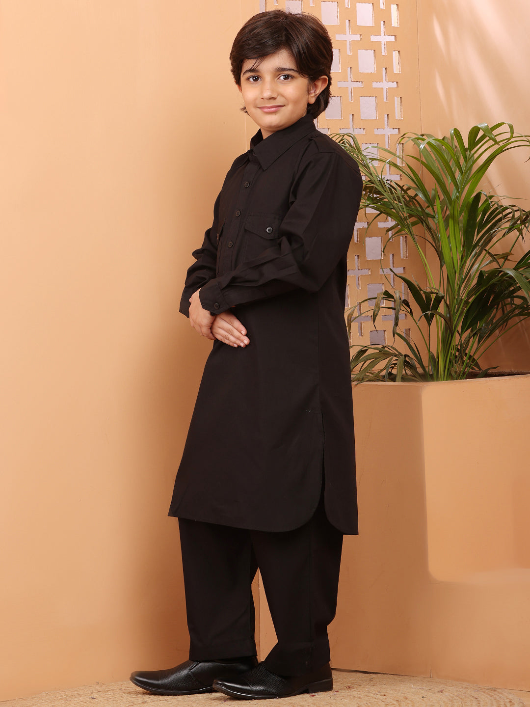 Nabia Black Kids Boys Pathani Kurta Pajama Set