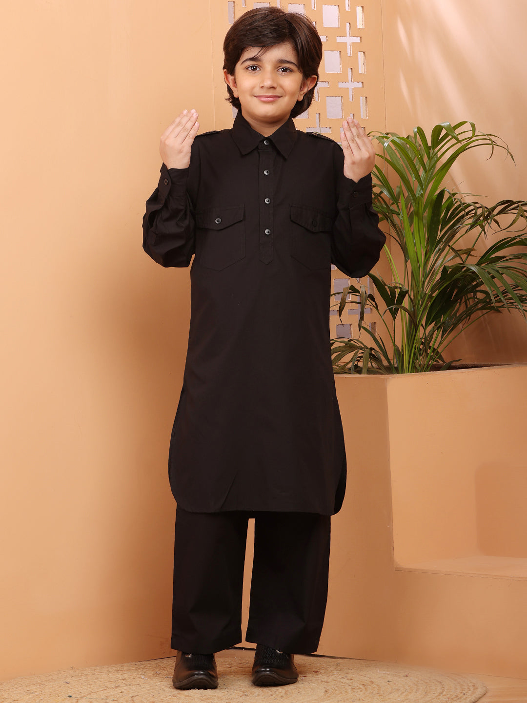Nabia Black Kids Boys Pathani Kurta Pajama Set