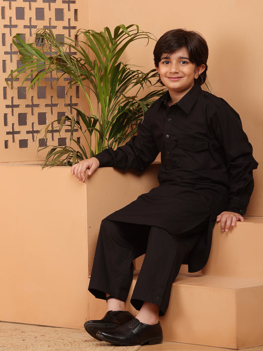 Nabia Black Kids Boys Pathani Kurta Pajama Set