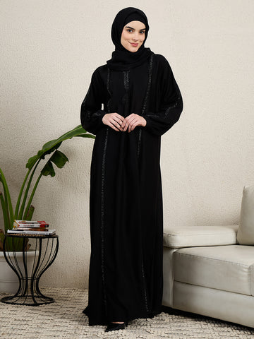 Elegant Black Embroidered Abaya for women with black hijab