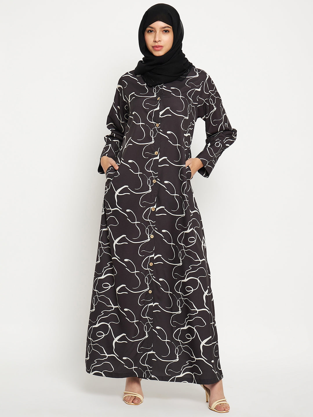 Black Front Open printed Abaya with Georgette Scarf