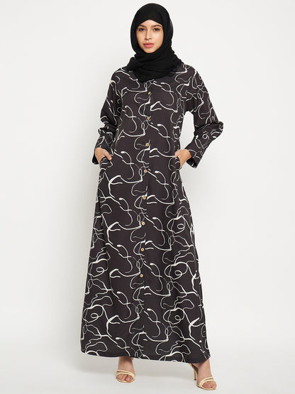 Black Front Open printed Abaya with Georgette Scarf