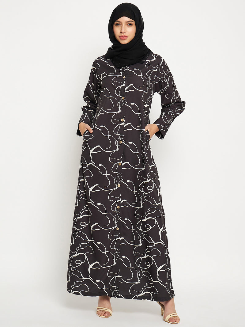Nabia Women Black Front Open printed Crepe Fabric Abaya Burqa With Georgette Scarf