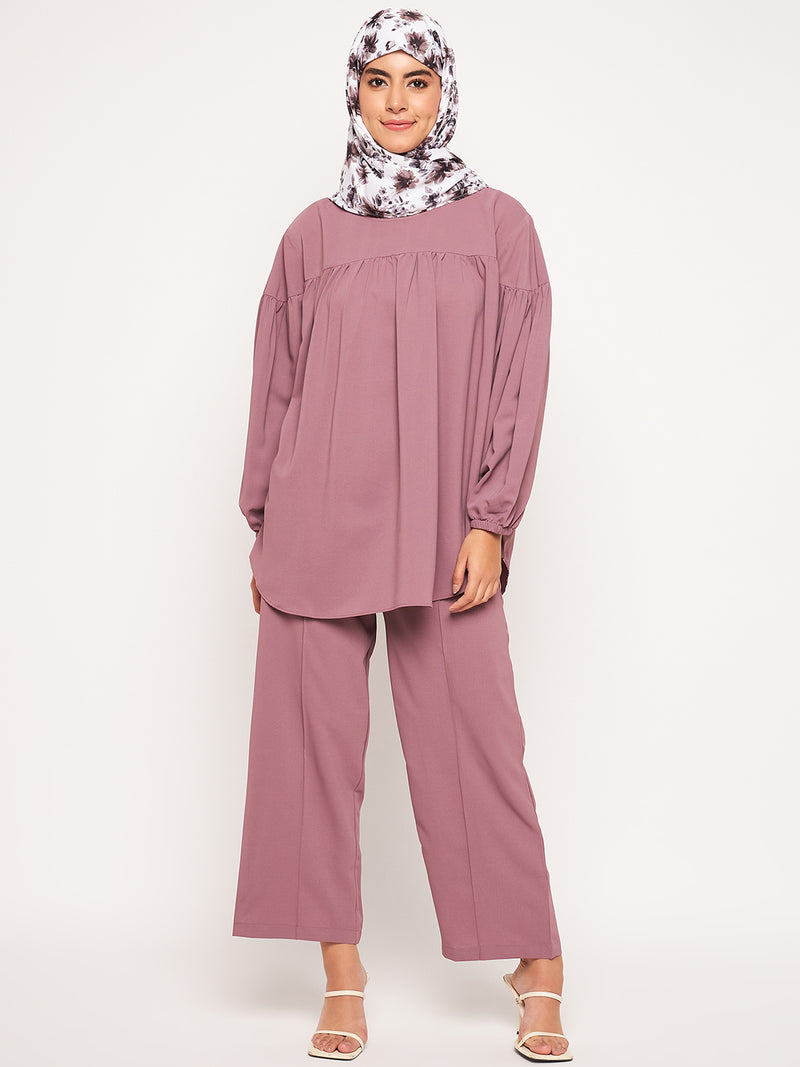 Nabia Pink Solid Elasticated Sleeves Co-ord Set for Women