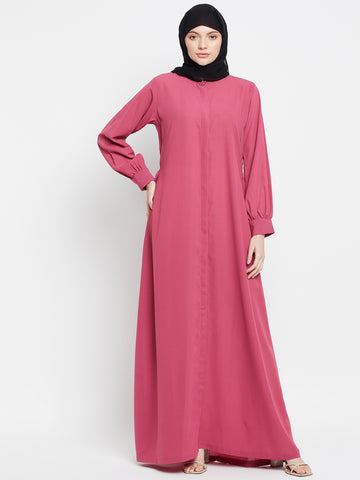 Nabia Pink Nida Mate Fabric Front Open  Abaya With Georgette Scarf