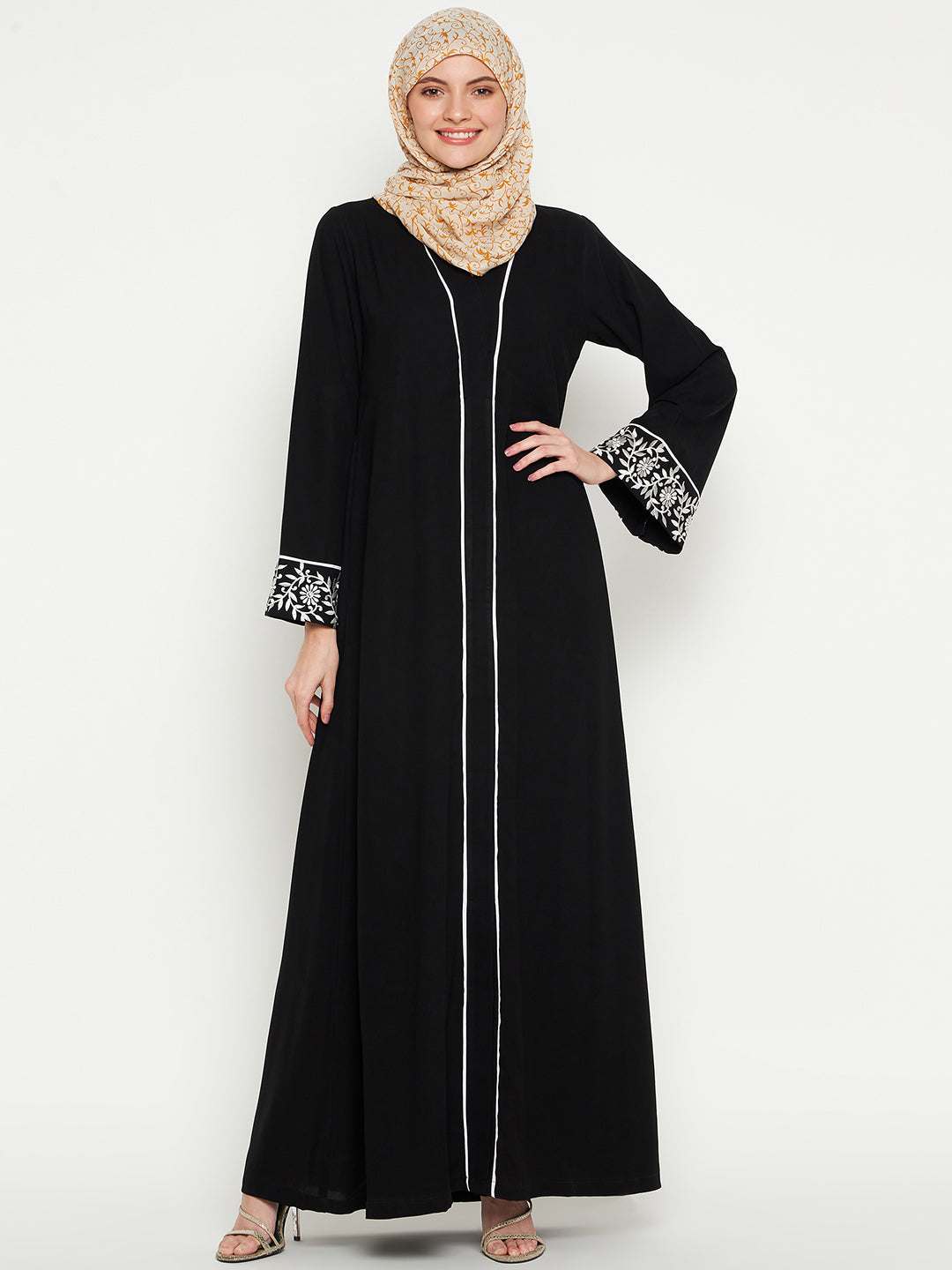 Nabia Embroidery Black Abaya Burqa for Women with Black Georgette Scarf