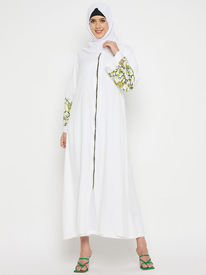 White Rayon Front Zip Closure Abaya Burqa with Black Hijab