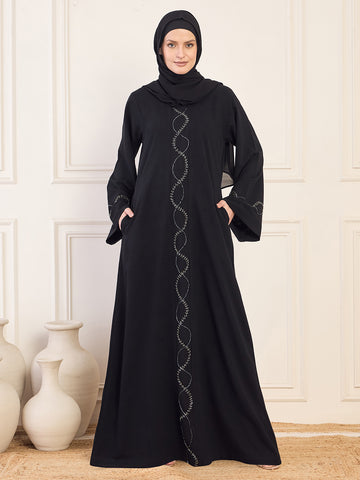 Nabia Black Solid Luxury Abaya Burqa Handwork Detailing & Bell Sleeves for Women with Black Hijab