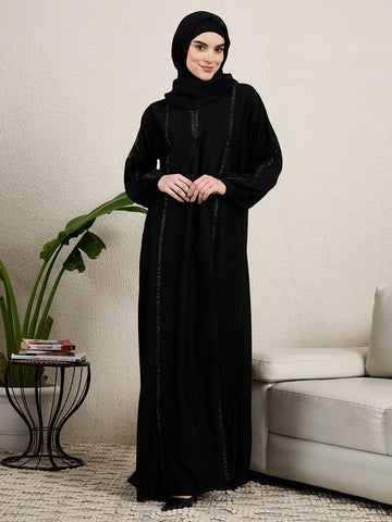 Elegant Black Embroidered Abaya for women with black hijab