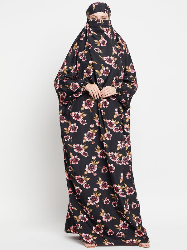 Nabia Black Floral Printed Free Size Adjustable Nosepiece Jilbab Abaya for Girls and Women