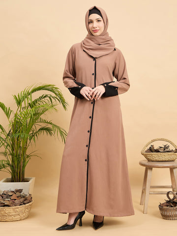Modest Beige Front Open Coat Abaya with Matching Hijab