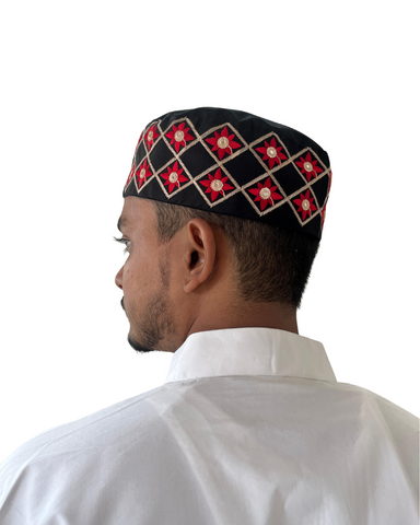 Black Cotton Embroidered Kufi Cap