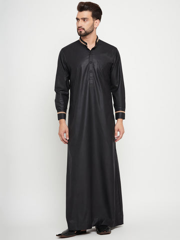 Nabia Black Solid Mens Band Collar Thobe / Jubba with Beige Piping Design