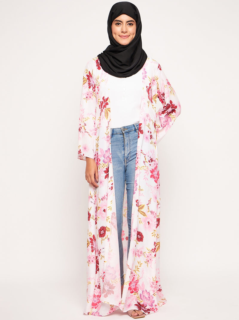 Nabia Women Multicolor Printed Front Open Shrug Abaya with Black Scarf